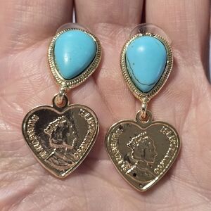 Gold and Turquoise Heart Drop Earrings